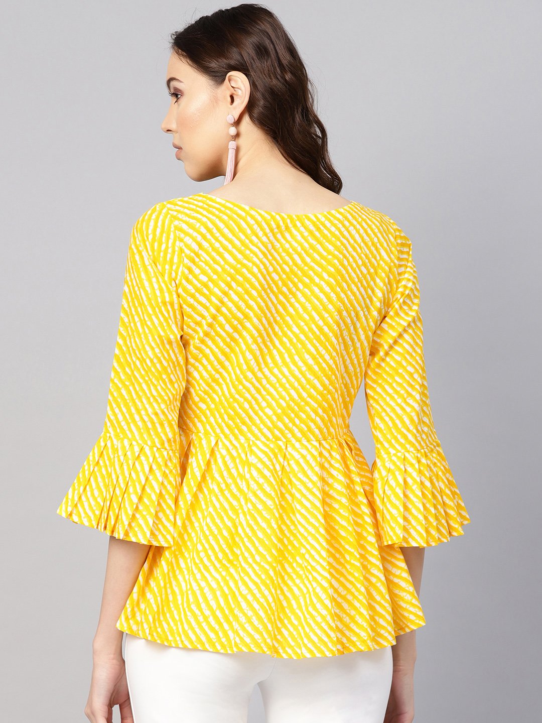 Women Yellow & Off-White Leheriya Print Tunic | LASVINI - Redefining Indian Fashion with Elegance