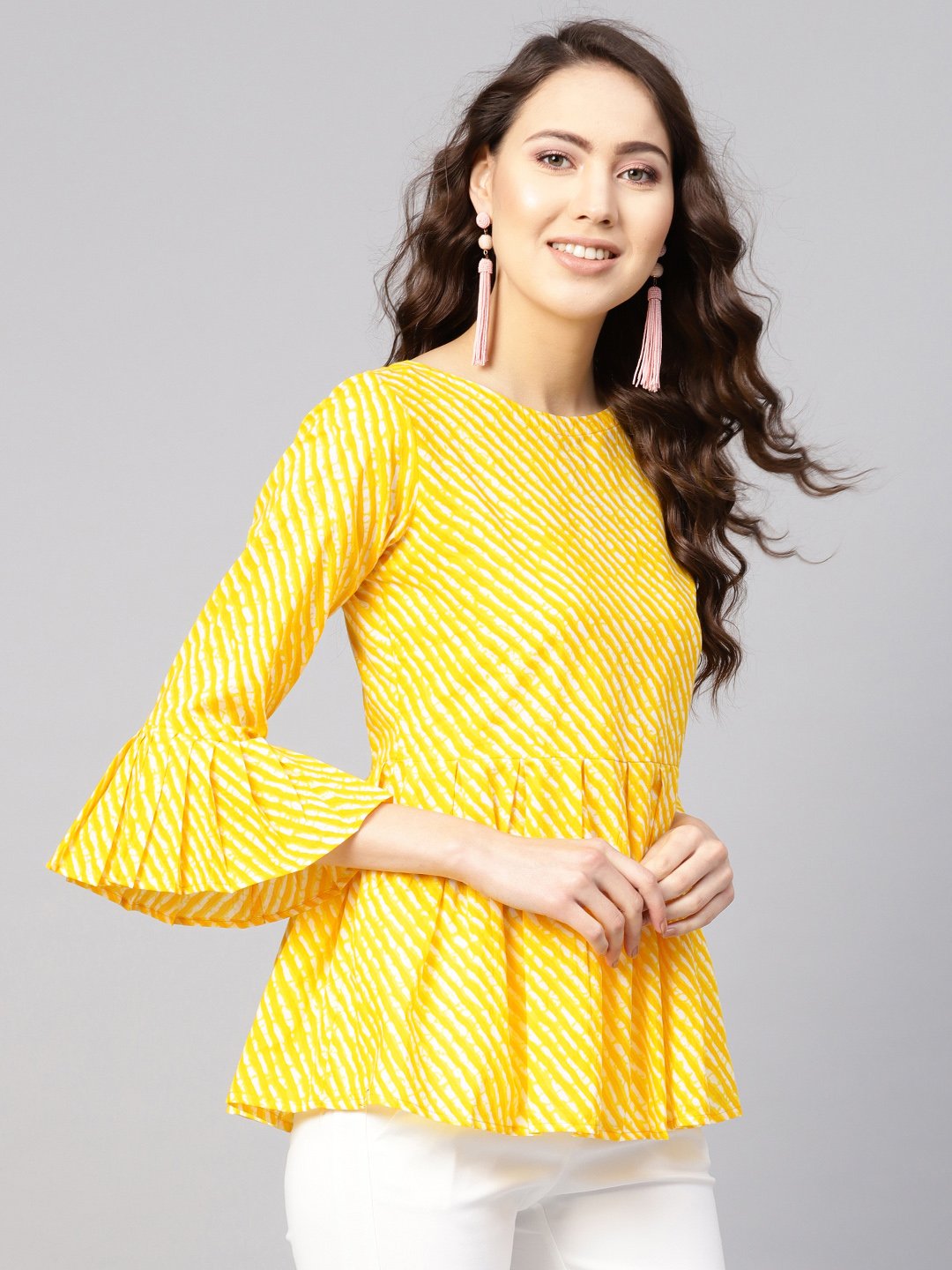 Women Yellow & Off-White Leheriya Print Tunic | LASVINI - Redefining Indian Fashion with Elegance