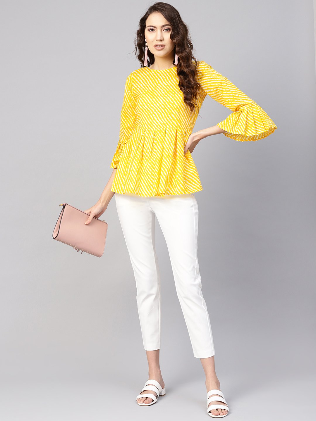 Women Yellow & Off-White Leheriya Print Tunic | LASVINI - Redefining Indian Fashion with Elegance
