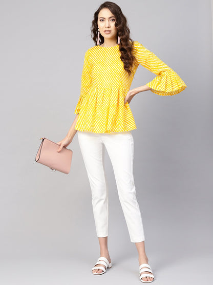 Women Yellow & Off-White Leheriya Print Tunic | LASVINI - Redefining Indian Fashion with Elegance