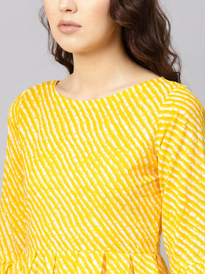 Women Yellow & Off-White Leheriya Print Tunic | LASVINI - Redefining Indian Fashion with Elegance