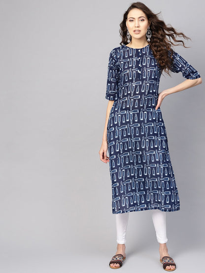Women Blue & White Printed Straight Kurta | LASVINI - Redefining Indian Fashion with Elegance