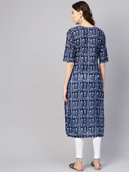 Women Blue & White Printed Straight Kurta | LASVINI - Redefining Indian Fashion with Elegance