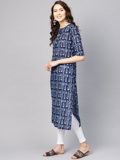 Women Blue & White Printed Straight Kurta | LASVINI - Redefining Indian Fashion with Elegance