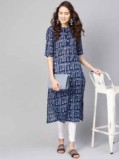 Women Blue & White Printed Straight Kurta | LASVINI - Redefining Indian Fashion with Elegance