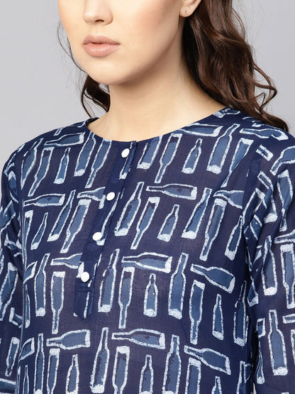 Women Blue & White Printed Straight Kurta | LASVINI - Redefining Indian Fashion with Elegance