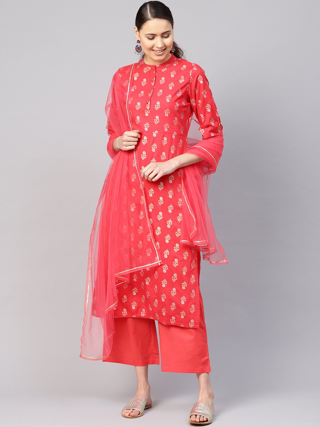 Women Coral Red & Golden Printed Kurta With Palazzos & Dupatta | LASVINI - Redefining Indian Fashion with Elegance