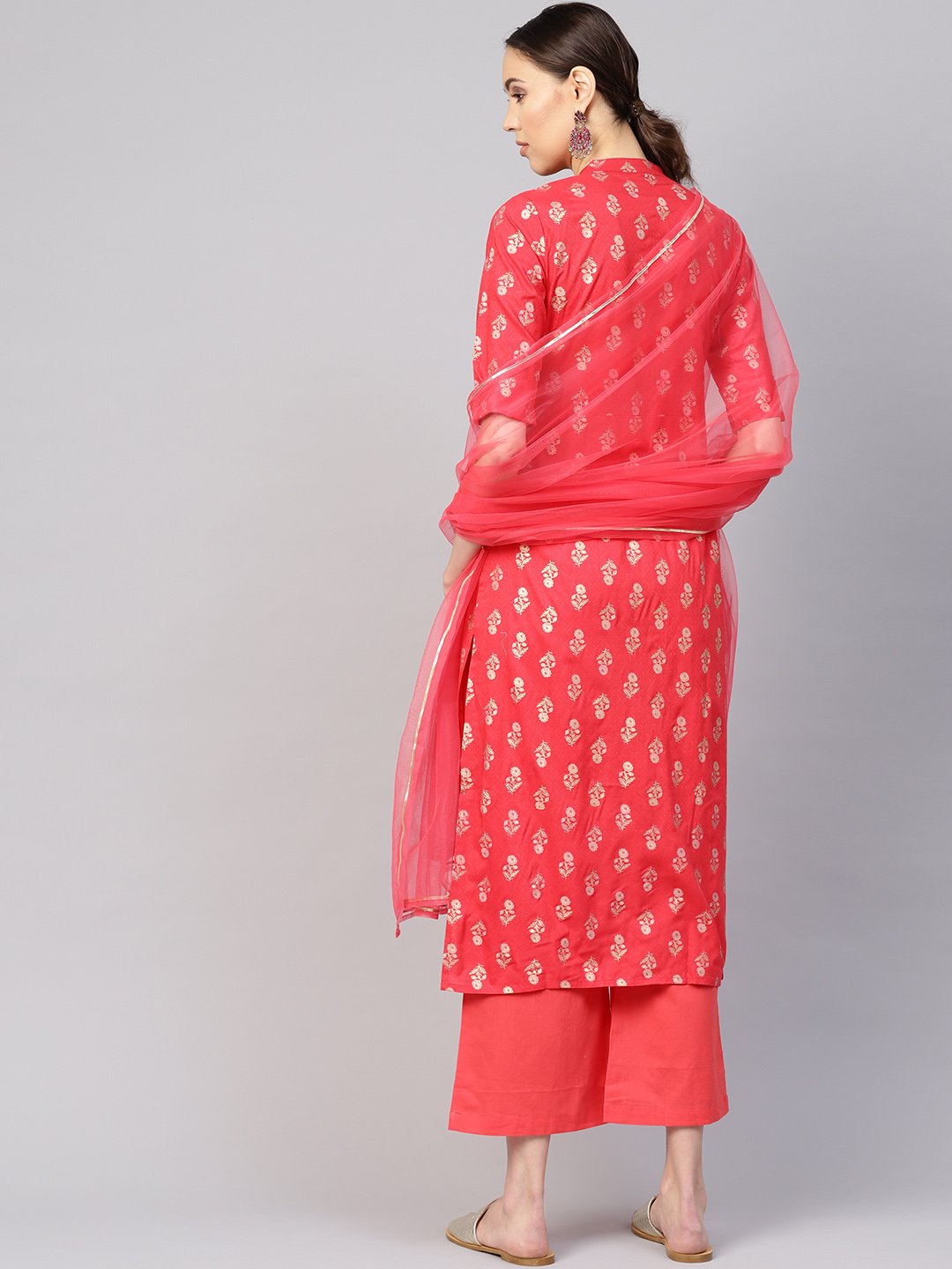 Women Coral Red & Golden Printed Kurta With Palazzos & Dupatta | LASVINI - Redefining Indian Fashion with Elegance