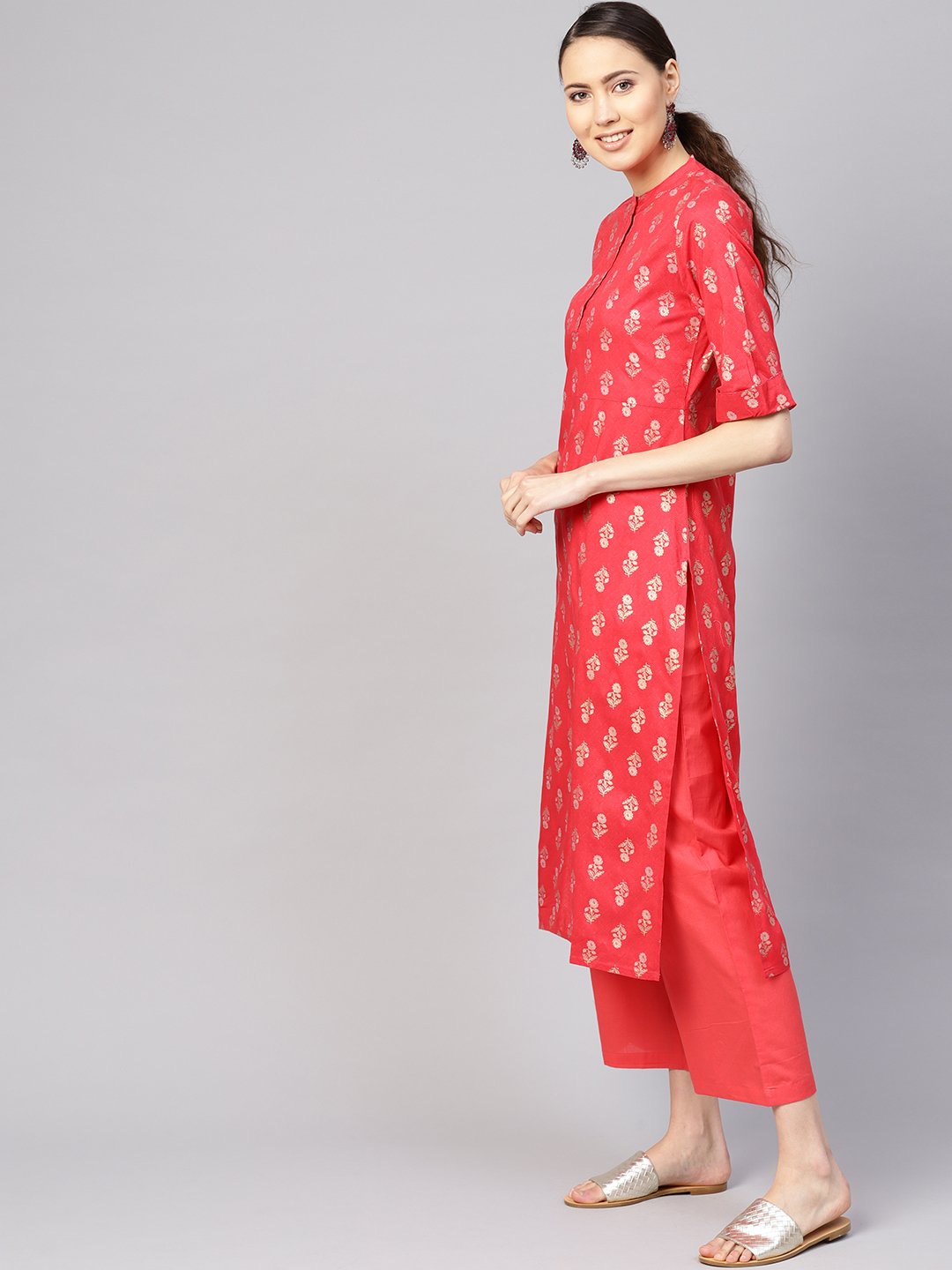 Women Coral Red & Golden Printed Kurta With Palazzos & Dupatta | LASVINI - Redefining Indian Fashion with Elegance