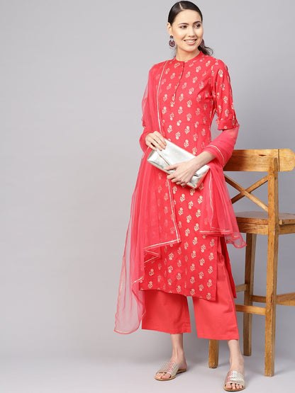 Women Coral Red & Golden Printed Kurta With Palazzos & Dupatta | LASVINI - Redefining Indian Fashion with Elegance