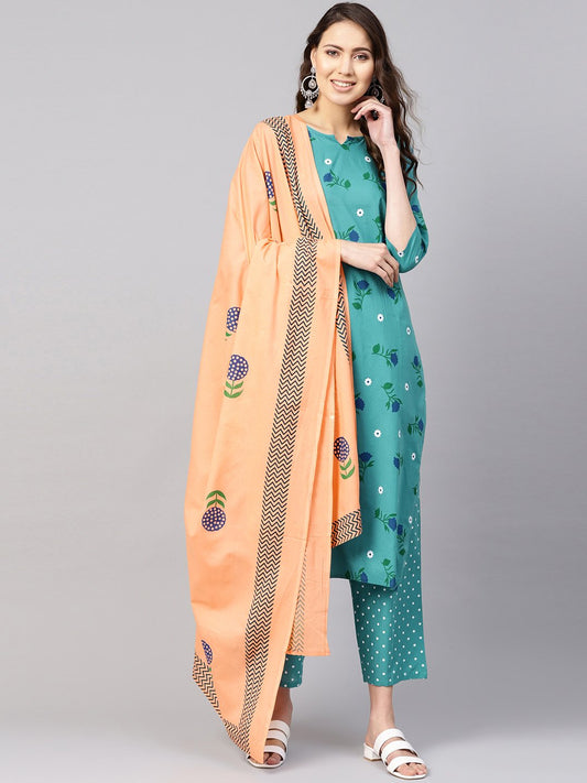 Women Green & Peach-Coloured Printed Kurta With Trousers & Dupatta | LASVINI - Redefining Indian Fashion with Elegance