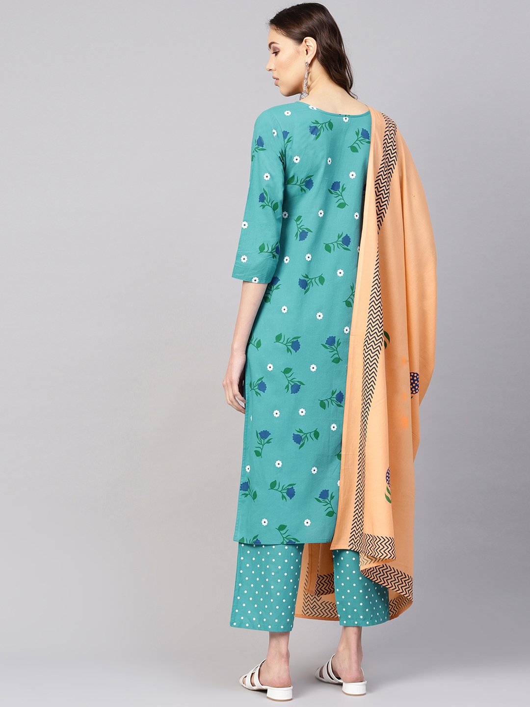 Women Green & Peach-Coloured Printed Kurta With Trousers & Dupatta | LASVINI - Redefining Indian Fashion with Elegance