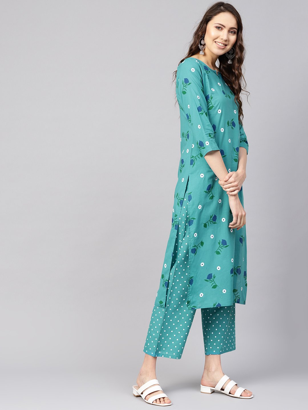 Women Green & Peach-Coloured Printed Kurta With Trousers & Dupatta | LASVINI - Redefining Indian Fashion with Elegance