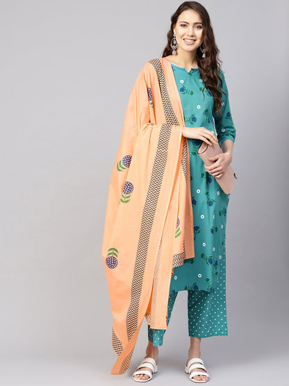 Women Green & Peach-Coloured Printed Kurta With Trousers & Dupatta | LASVINI - Redefining Indian Fashion with Elegance