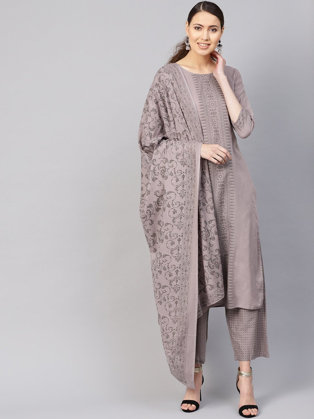 Women Grey Printed Kurta With Trousers & Dupatta | LASVINI - Redefining Indian Fashion with Elegance