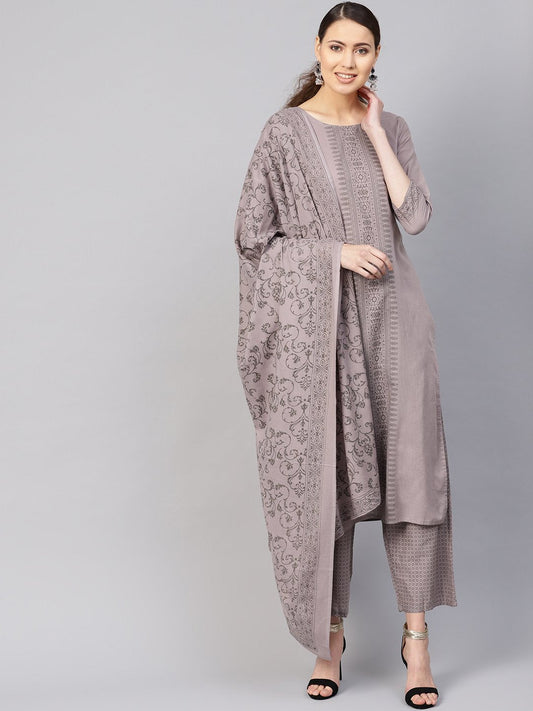 Women Grey Printed Kurta With Trousers & Dupatta | LASVINI - Redefining Indian Fashion with Elegance