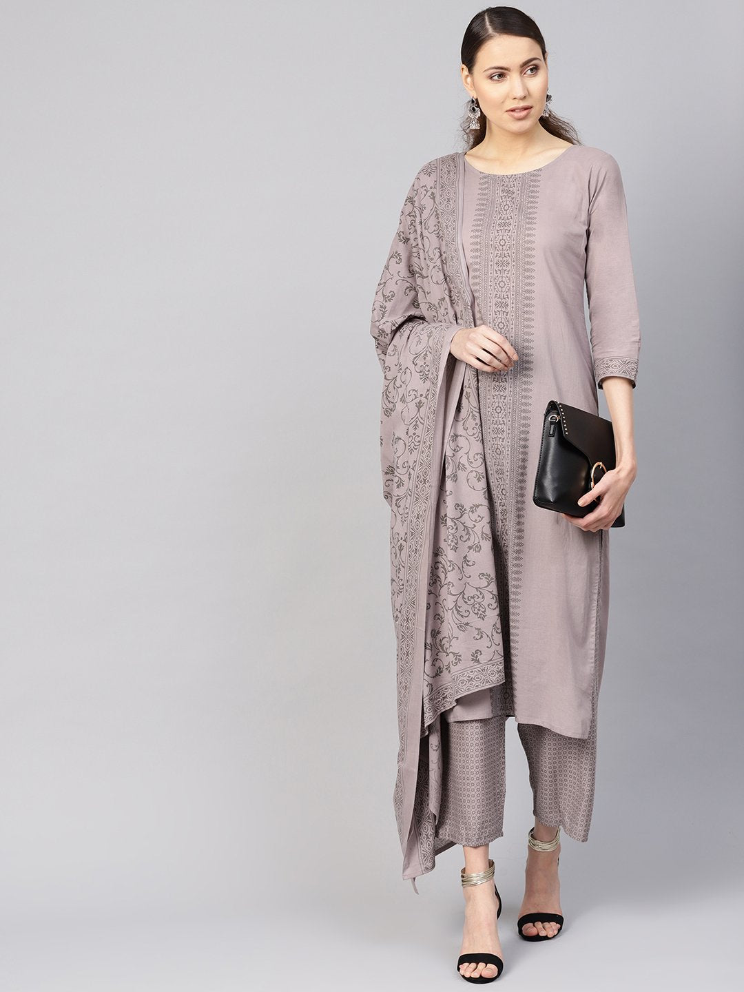 Women Grey Printed Kurta With Trousers & Dupatta | LASVINI - Redefining Indian Fashion with Elegance