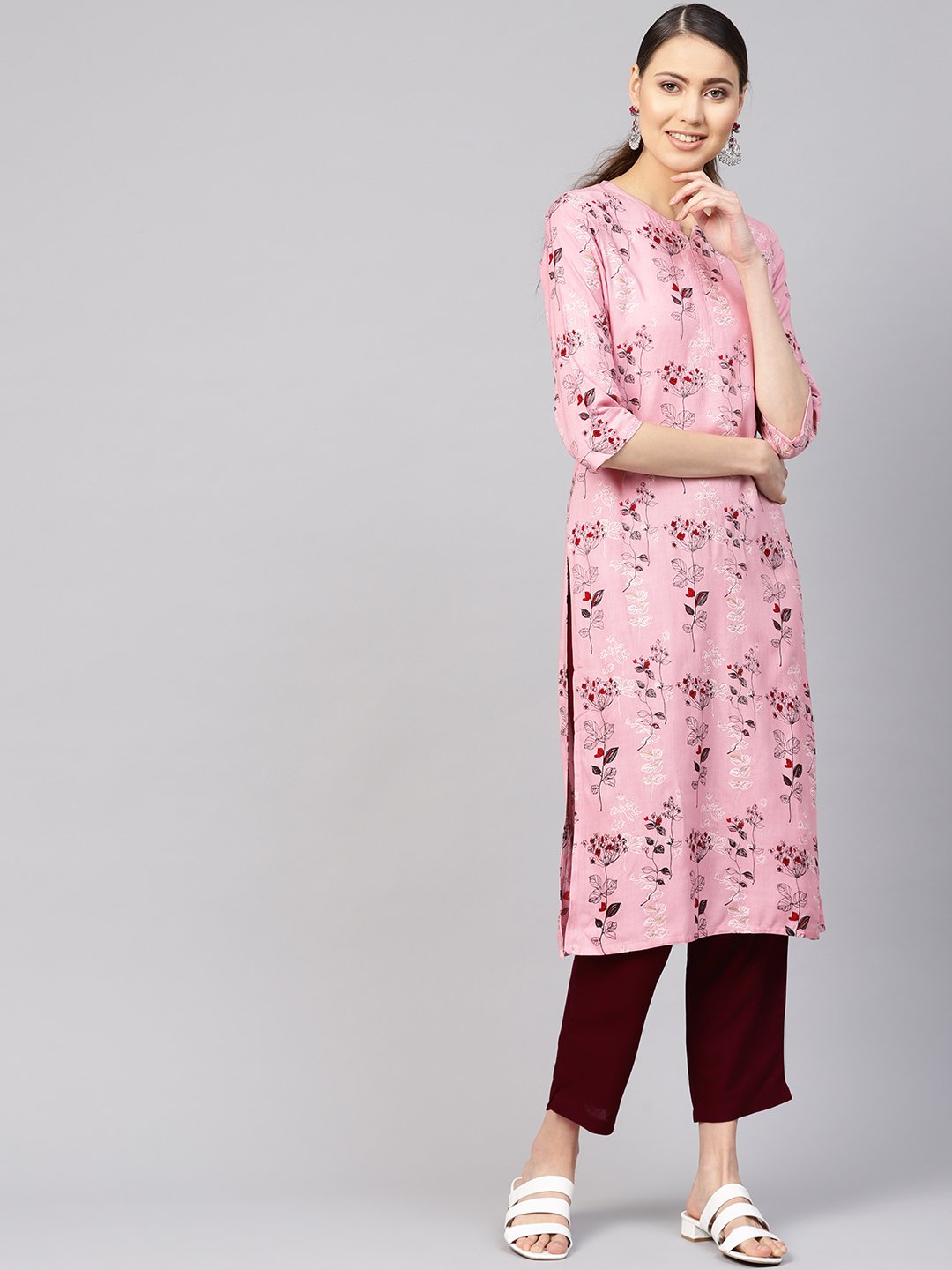 Women Pink & Burgundy Printed Kurta With Trousers | LASVINI - Redefining Indian Fashion with Elegance