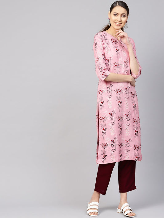 Women Pink & Burgundy Printed Kurta With Trousers | LASVINI - Redefining Indian Fashion with Elegance
