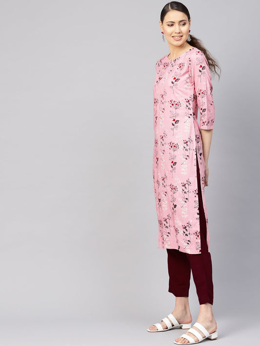 Women Pink & Burgundy Printed Kurta With Trousers | LASVINI - Redefining Indian Fashion with Elegance