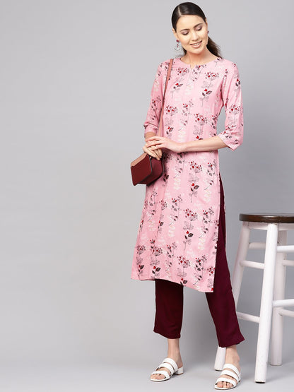 Women Pink & Burgundy Printed Kurta With Trousers | LASVINI - Redefining Indian Fashion with Elegance