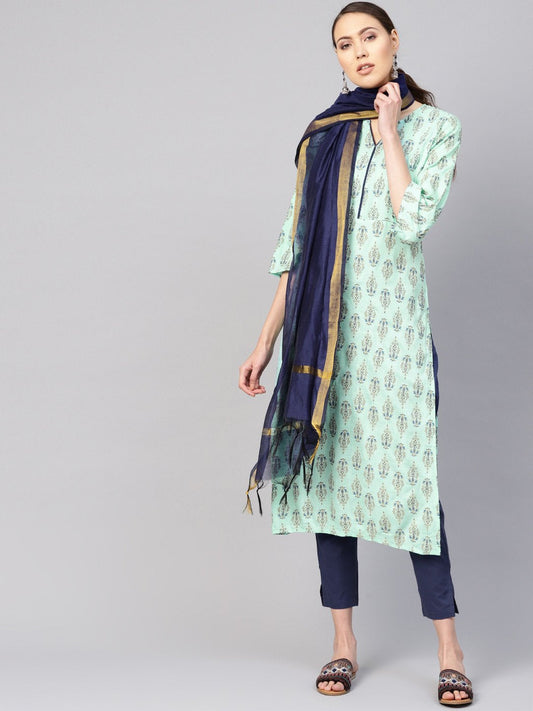 Women Sea Green & Navy Blue Printed Kurta With Trousers & Dupatta | LASVINI - Redefining Indian Fashion with Elegance