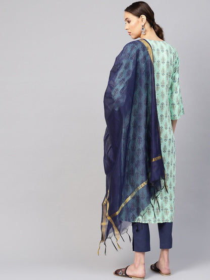 Women Sea Green & Navy Blue Printed Kurta With Trousers & Dupatta | LASVINI - Redefining Indian Fashion with Elegance