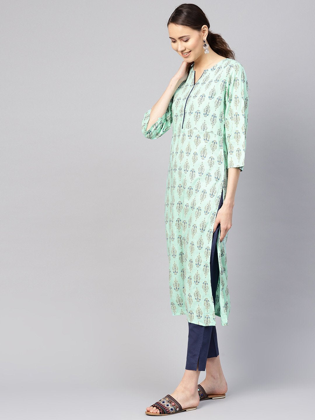 Women Sea Green & Navy Blue Printed Kurta With Trousers & Dupatta | LASVINI - Redefining Indian Fashion with Elegance