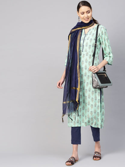 Women Sea Green & Navy Blue Printed Kurta With Trousers & Dupatta | LASVINI - Redefining Indian Fashion with Elegance