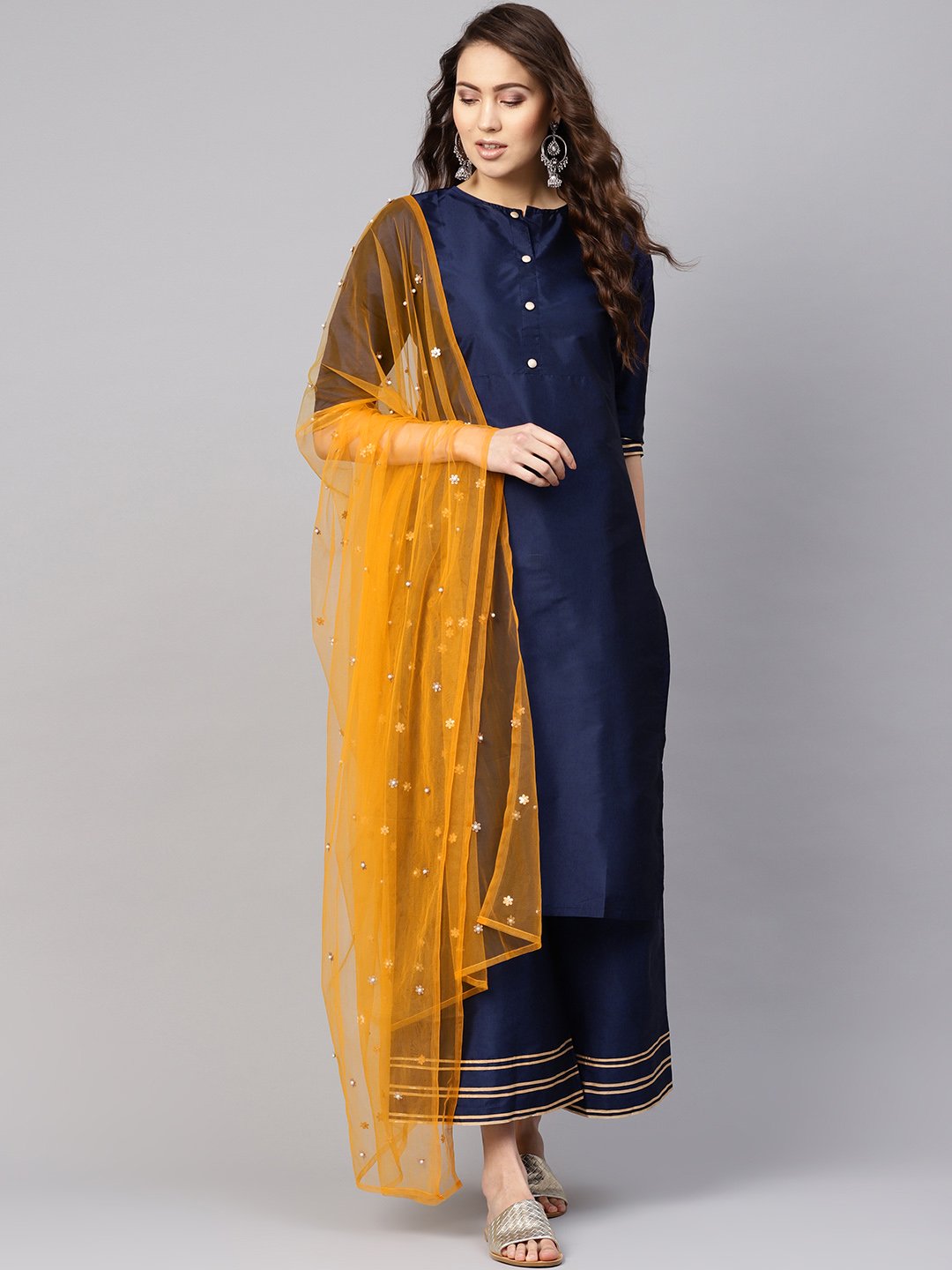 Women Navy Blue & Mustard Yellow Solid Kurta With Palazzos & Dupatta | LASVINI - Redefining Indian Fashion with Elegance