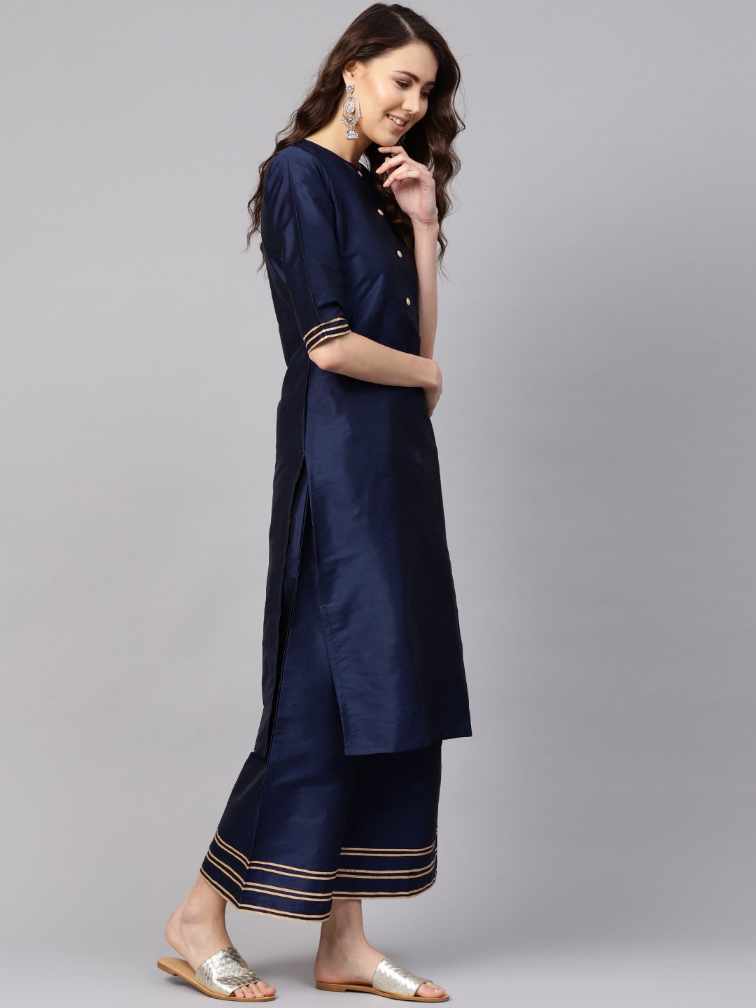 Women Navy Blue & Mustard Yellow Solid Kurta With Palazzos & Dupatta | LASVINI - Redefining Indian Fashion with Elegance