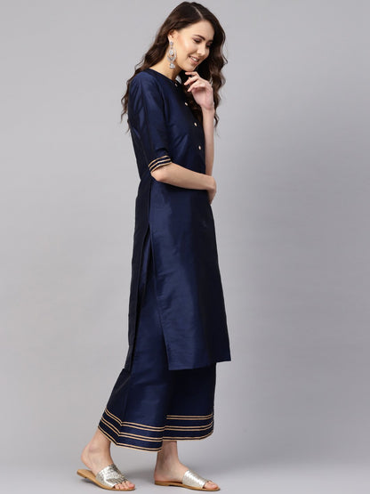 Women Navy Blue & Mustard Yellow Solid Kurta With Palazzos & Dupatta | LASVINI - Redefining Indian Fashion with Elegance