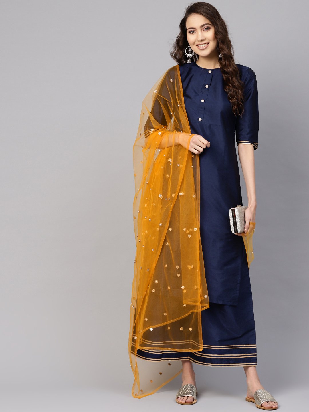 Women Navy Blue & Mustard Yellow Solid Kurta With Palazzos & Dupatta | LASVINI - Redefining Indian Fashion with Elegance