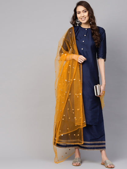 Women Navy Blue & Mustard Yellow Solid Kurta With Palazzos & Dupatta | LASVINI - Redefining Indian Fashion with Elegance
