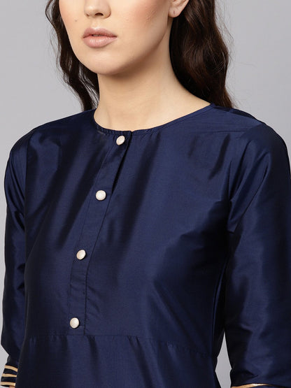 Women Navy Blue & Mustard Yellow Solid Kurta With Palazzos & Dupatta | LASVINI - Redefining Indian Fashion with Elegance