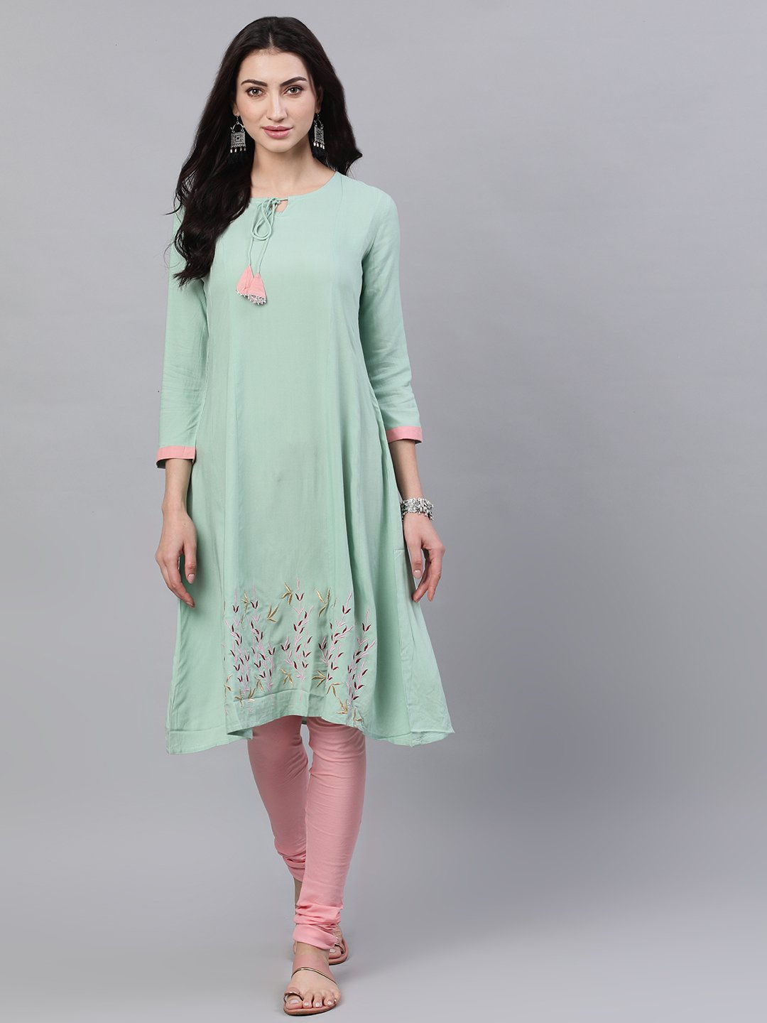 Women Pastel Green And Pink Embroidered Boat Neck With V-Slit 3/4Th Sleeves  Kurta With Pink Churidar | LASVINI - Redefining Indian Fashion with Elegance