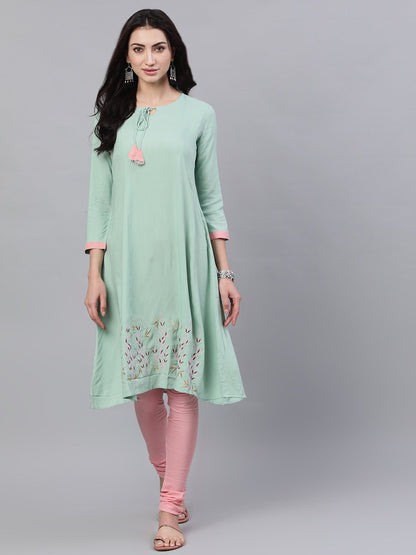 Women Pastel Green And Pink Embroidered Boat Neck With V-Slit 3/4Th Sleeves  Kurta With Pink Churidar | LASVINI - Redefining Indian Fashion with Elegance