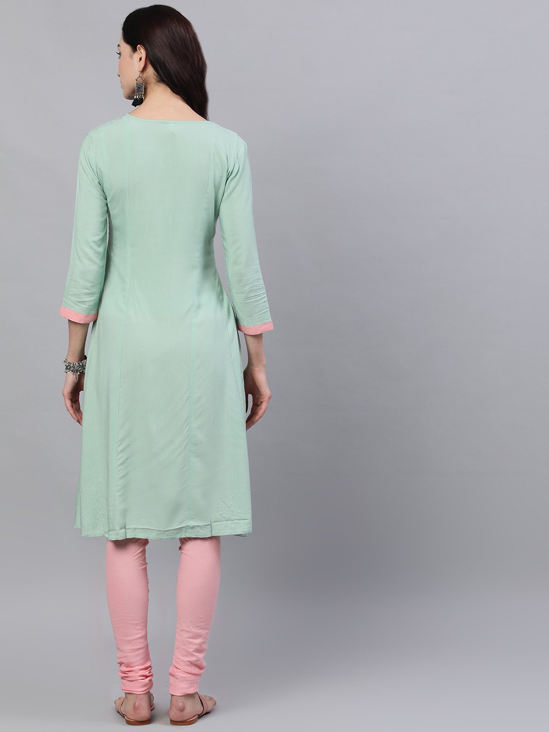 Women Pastel Green And Pink Embroidered Boat Neck With V-Slit 3/4Th Sleeves  Kurta With Pink Churidar | LASVINI - Redefining Indian Fashion with Elegance