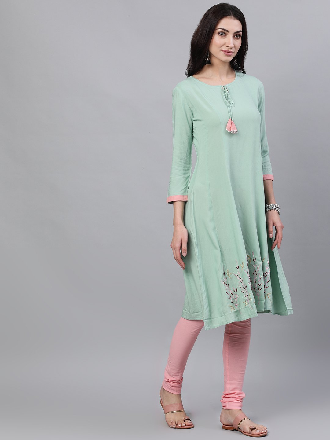 Women Pastel Green And Pink Embroidered Boat Neck With V-Slit 3/4Th Sleeves  Kurta With Pink Churidar | LASVINI - Redefining Indian Fashion with Elegance
