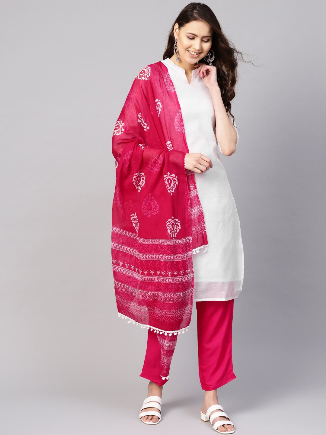 Women White & Pink Solid Kurta With Trousers & Dupatta | LASVINI - Redefining Indian Fashion with Elegance