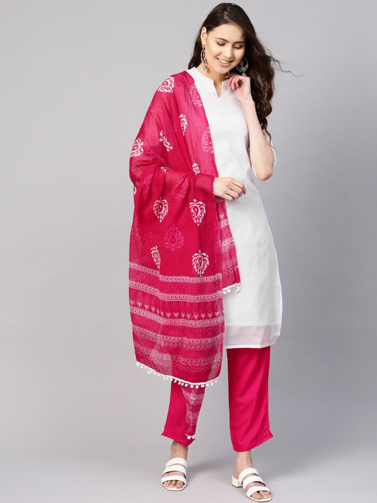 Women White & Pink Solid Kurta With Trousers & Dupatta | LASVINI - Redefining Indian Fashion with Elegance