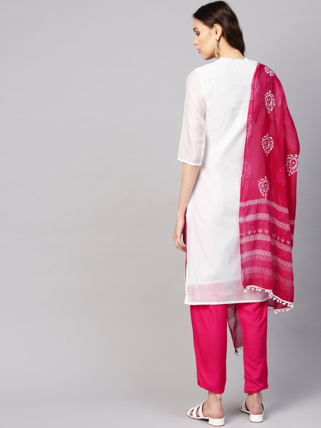 Women White & Pink Solid Kurta With Trousers & Dupatta | LASVINI - Redefining Indian Fashion with Elegance