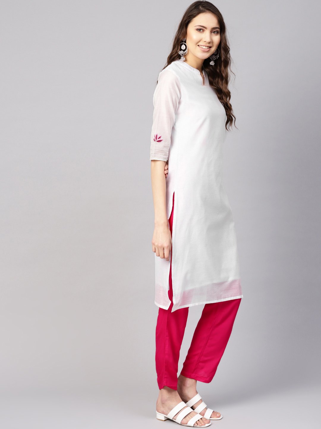 Women White & Pink Solid Kurta With Trousers & Dupatta | LASVINI - Redefining Indian Fashion with Elegance
