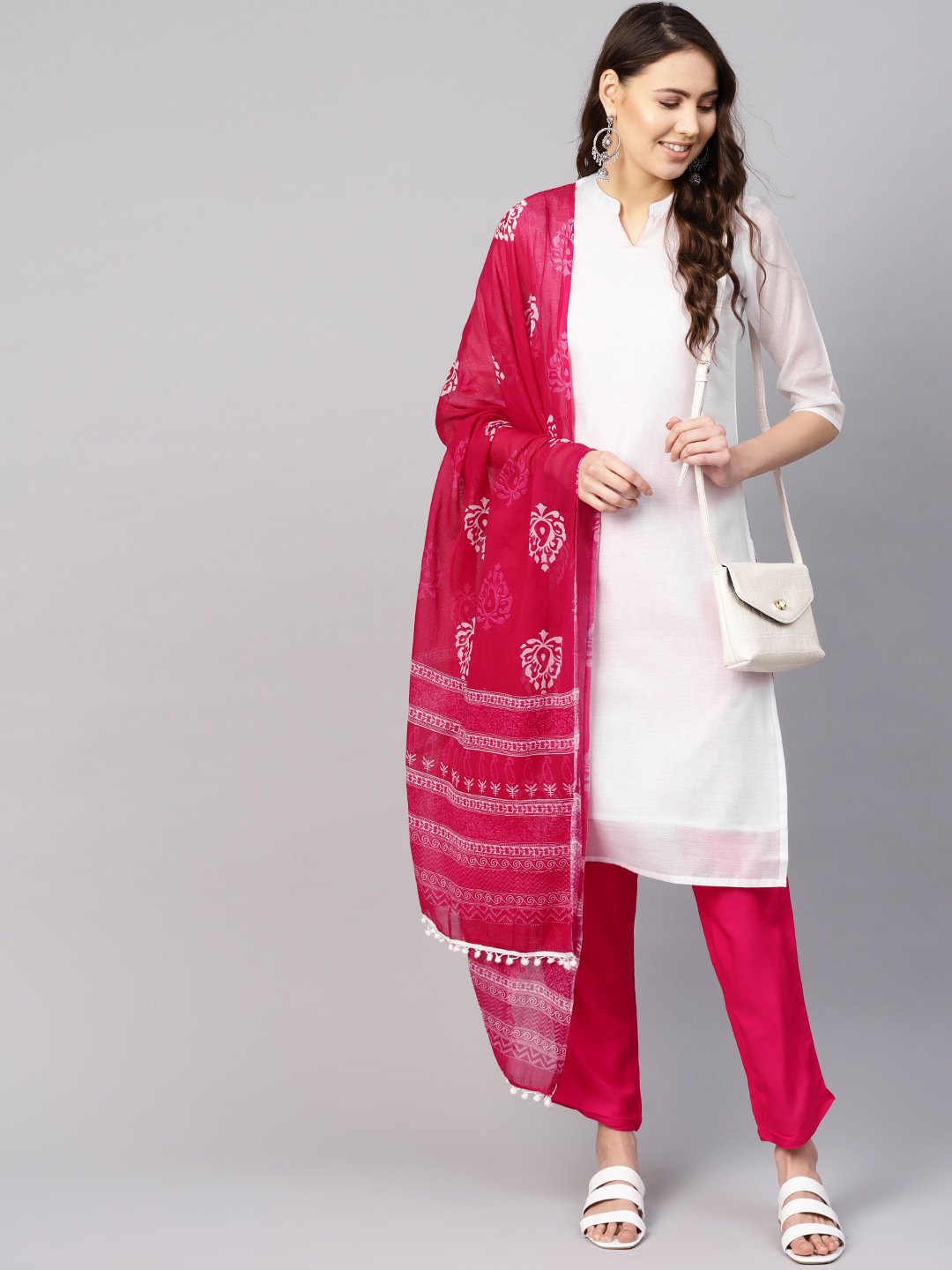 Women White & Pink Solid Kurta With Trousers & Dupatta | LASVINI - Redefining Indian Fashion with Elegance