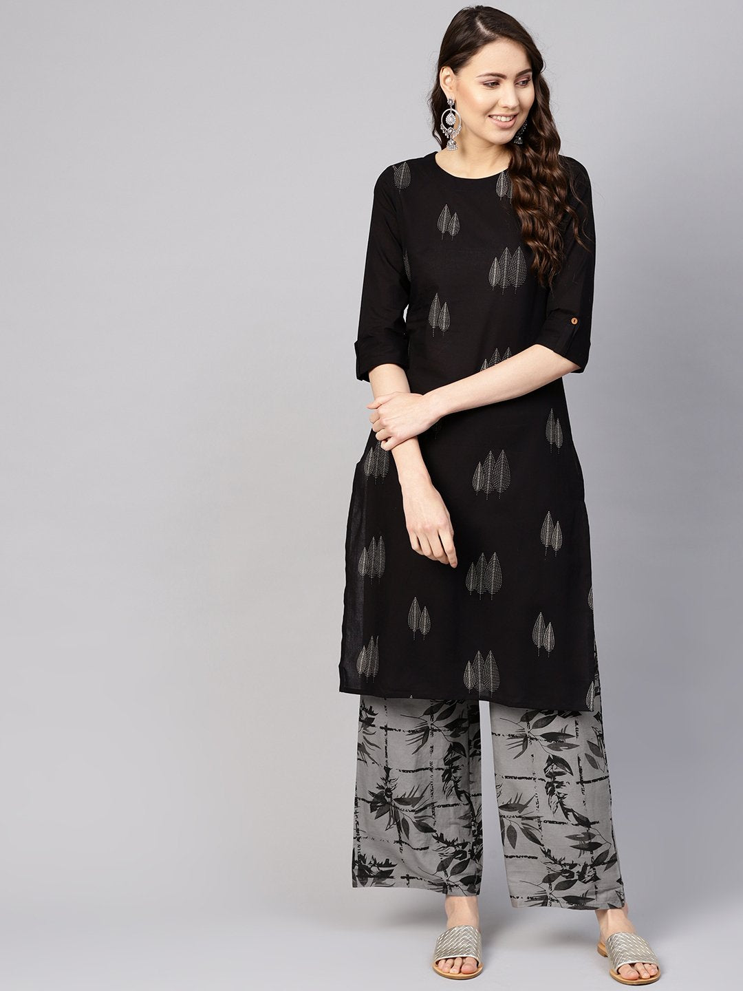 Women Black & Grey Printed Kurta With Trousers | LASVINI - Redefining Indian Fashion with Elegance