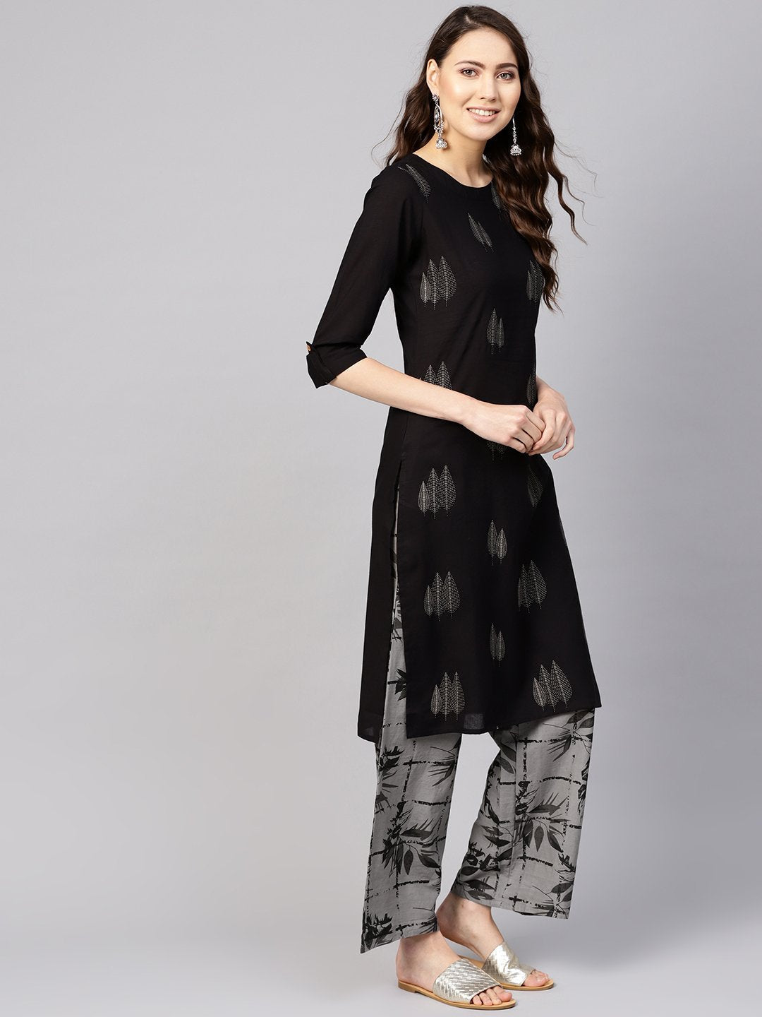Women Black & Grey Printed Kurta With Trousers | LASVINI - Redefining Indian Fashion with Elegance