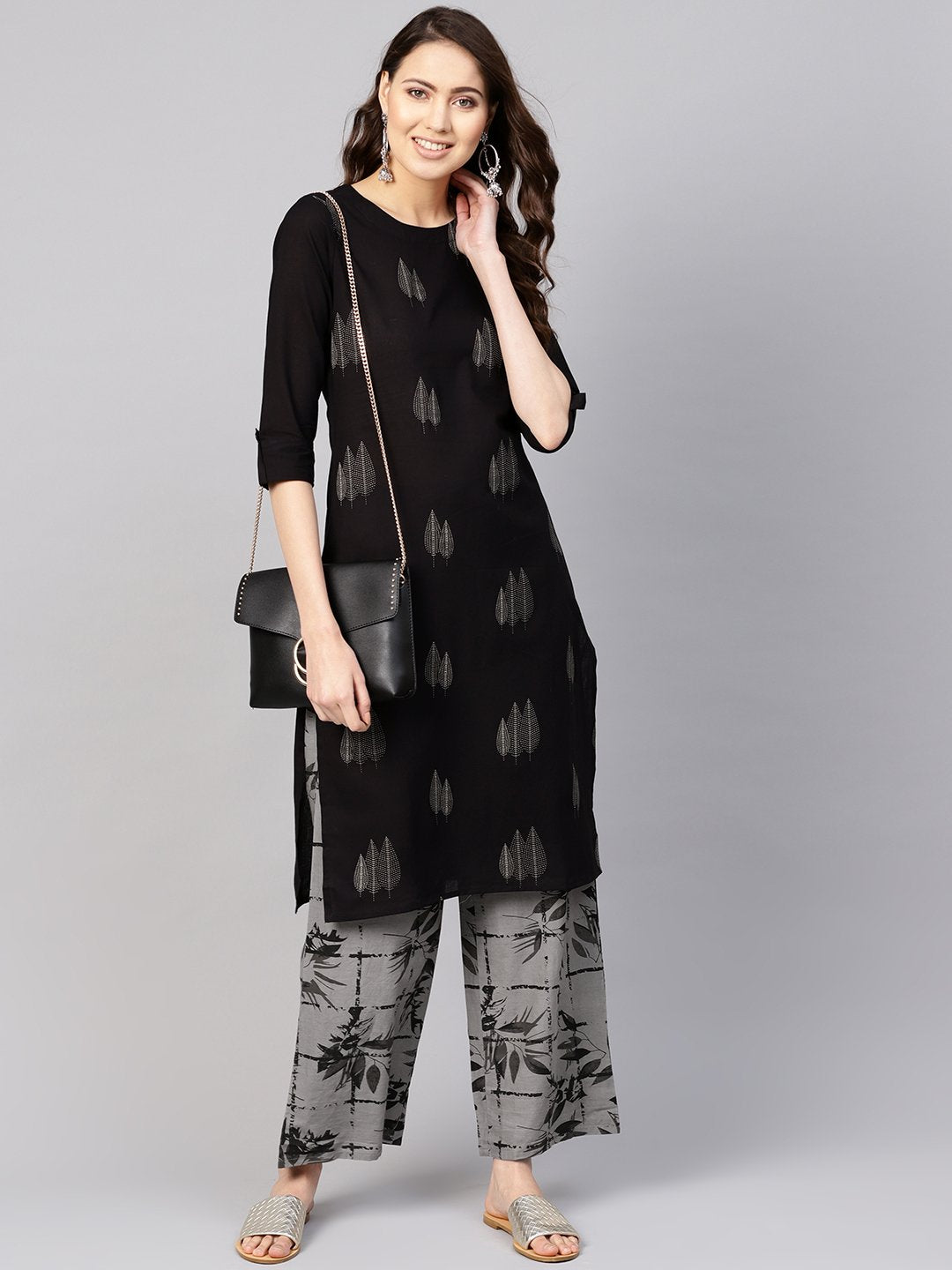 Women Black & Grey Printed Kurta With Trousers | LASVINI - Redefining Indian Fashion with Elegance