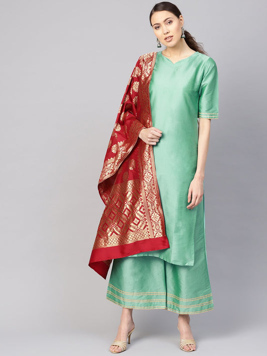 Women Sea Green & Maroon Solid Kurta With Palazzos & Dupatta | LASVINI - Redefining Indian Fashion with Elegance