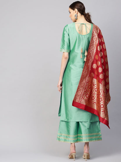 Women Sea Green & Maroon Solid Kurta With Palazzos & Dupatta | LASVINI - Redefining Indian Fashion with Elegance