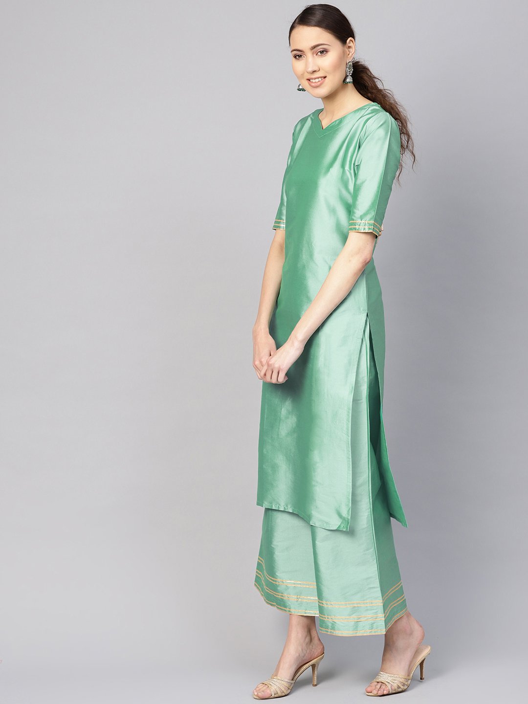 Women Sea Green & Maroon Solid Kurta With Palazzos & Dupatta | LASVINI - Redefining Indian Fashion with Elegance